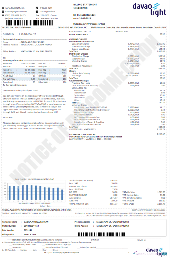 download download USA DAVAO LIGHT utility bill Word and PDF template PDF template PDF template